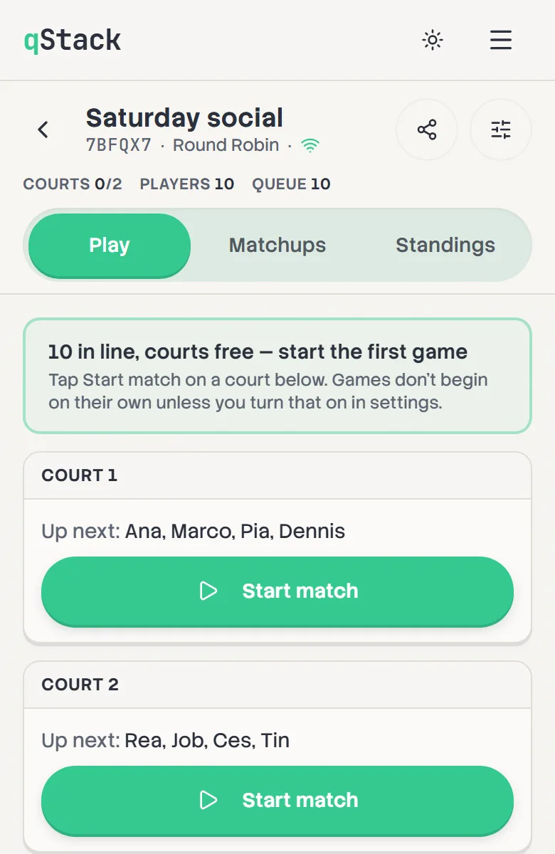 A new board with two free courts, each showing who's up next and a Start match button.