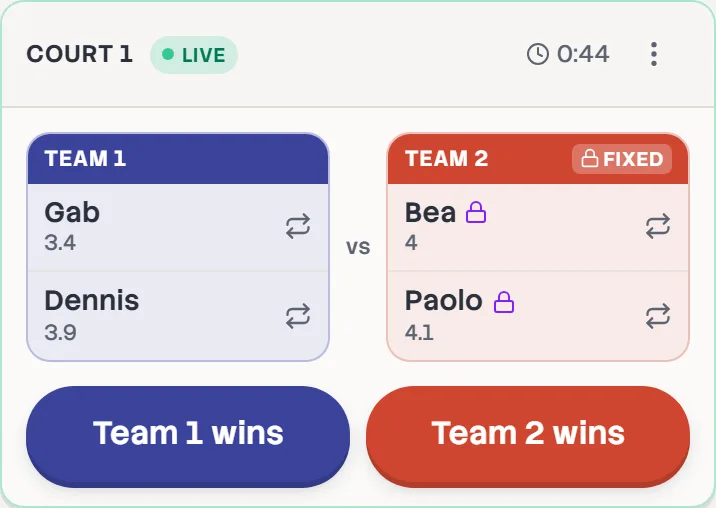 A live game on Court 1 with a running clock, the two teams, and the Team 1 wins and Team 2 wins buttons.
