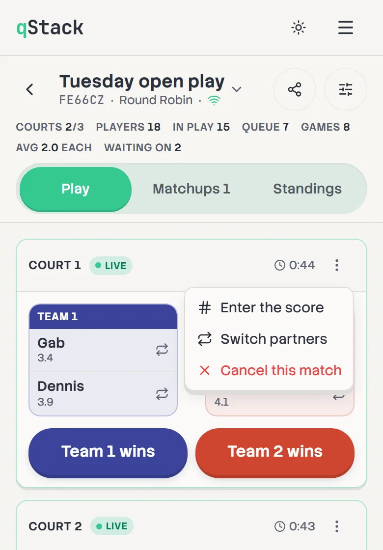 Court 1's menu open on a live game: Enter the score, Switch partners and Cancel this match.
