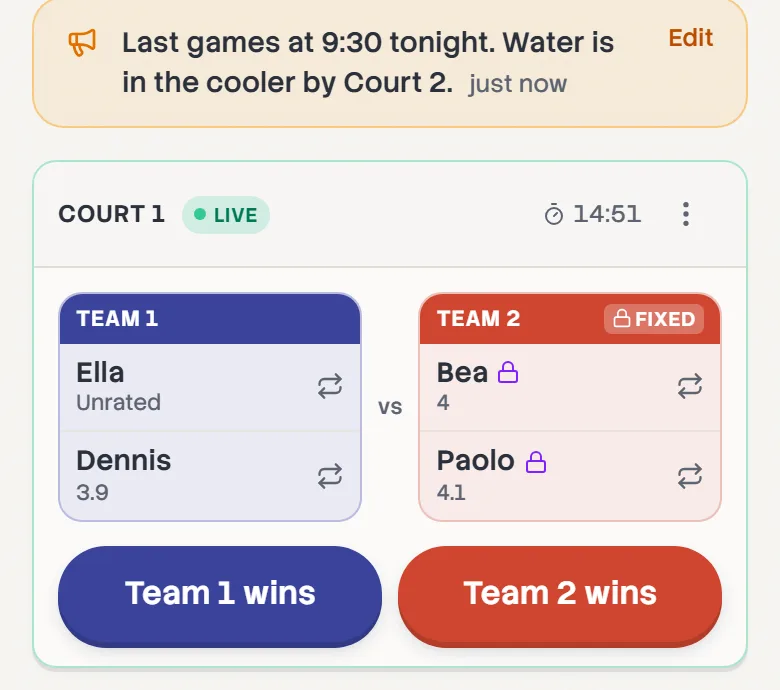 The message across the top of the board, and Court 1 live with 14:51 left on its countdown.