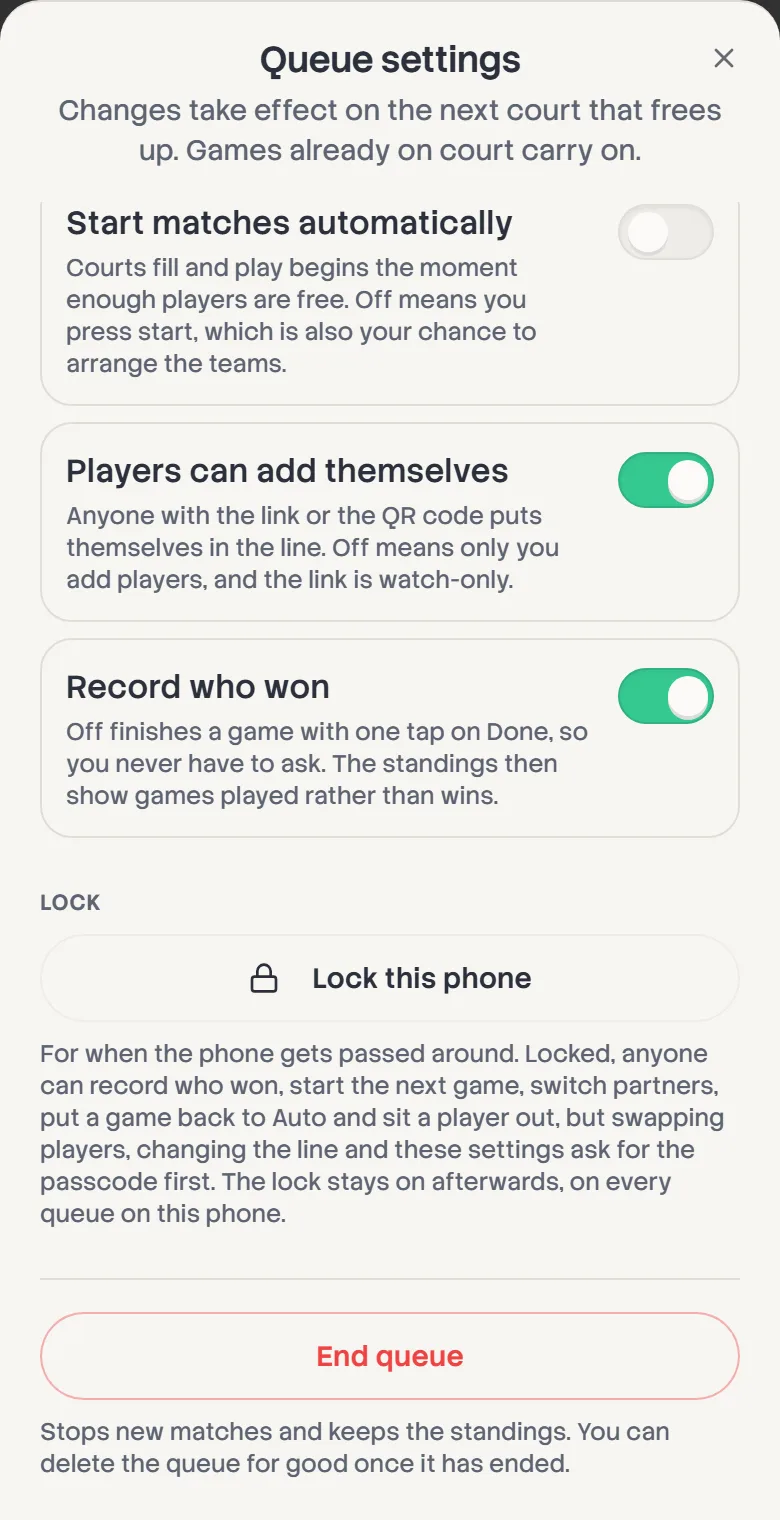 The bottom of Queue settings: the options, Lock this phone, and the End queue button.