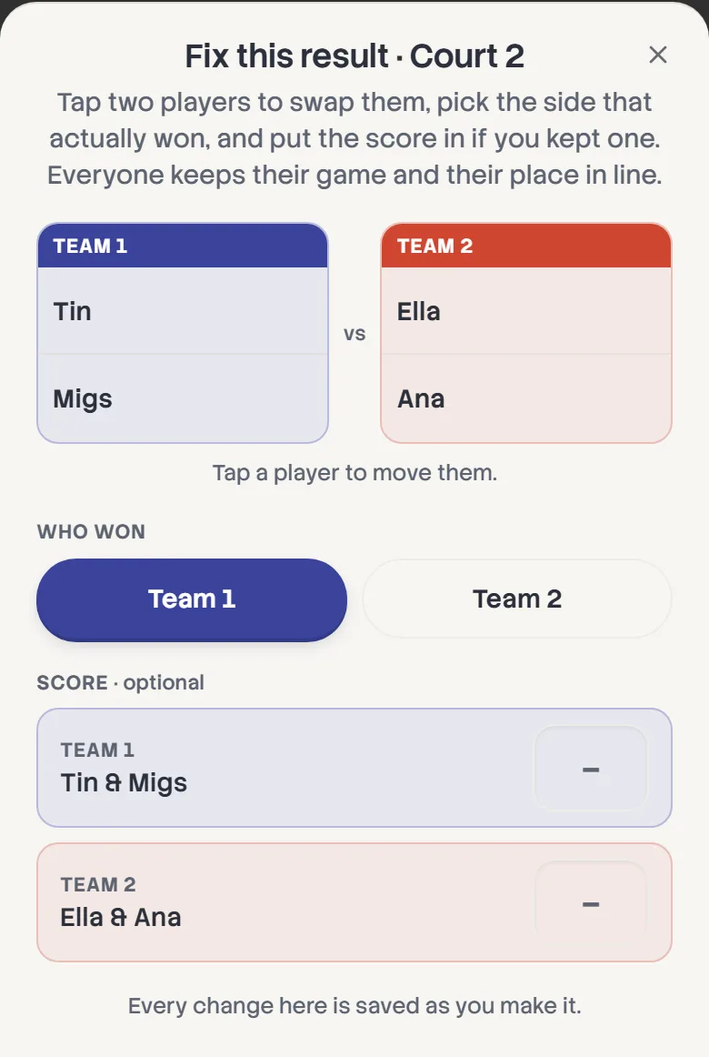The Fix this result sheet for a Court 2 game: both teams, Who won with Team 1 selected, and an optional score.