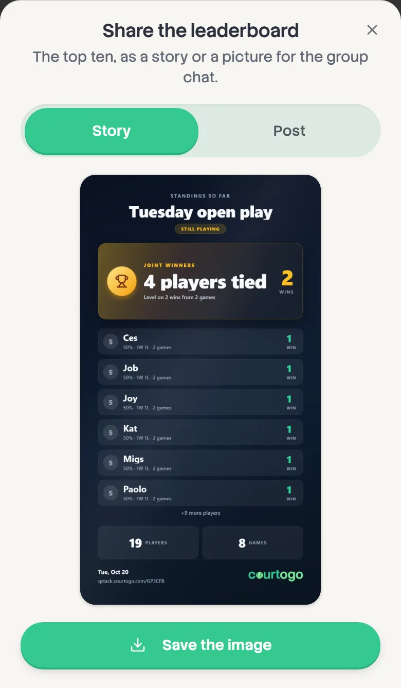 The Share the leaderboard sheet with a Story-shaped card for Tuesday open play and a Save the image button.