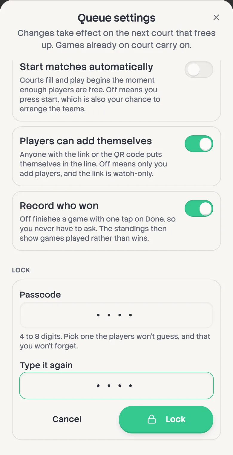 Queue settings with Lock this phone open: a passcode typed twice and a Lock button.