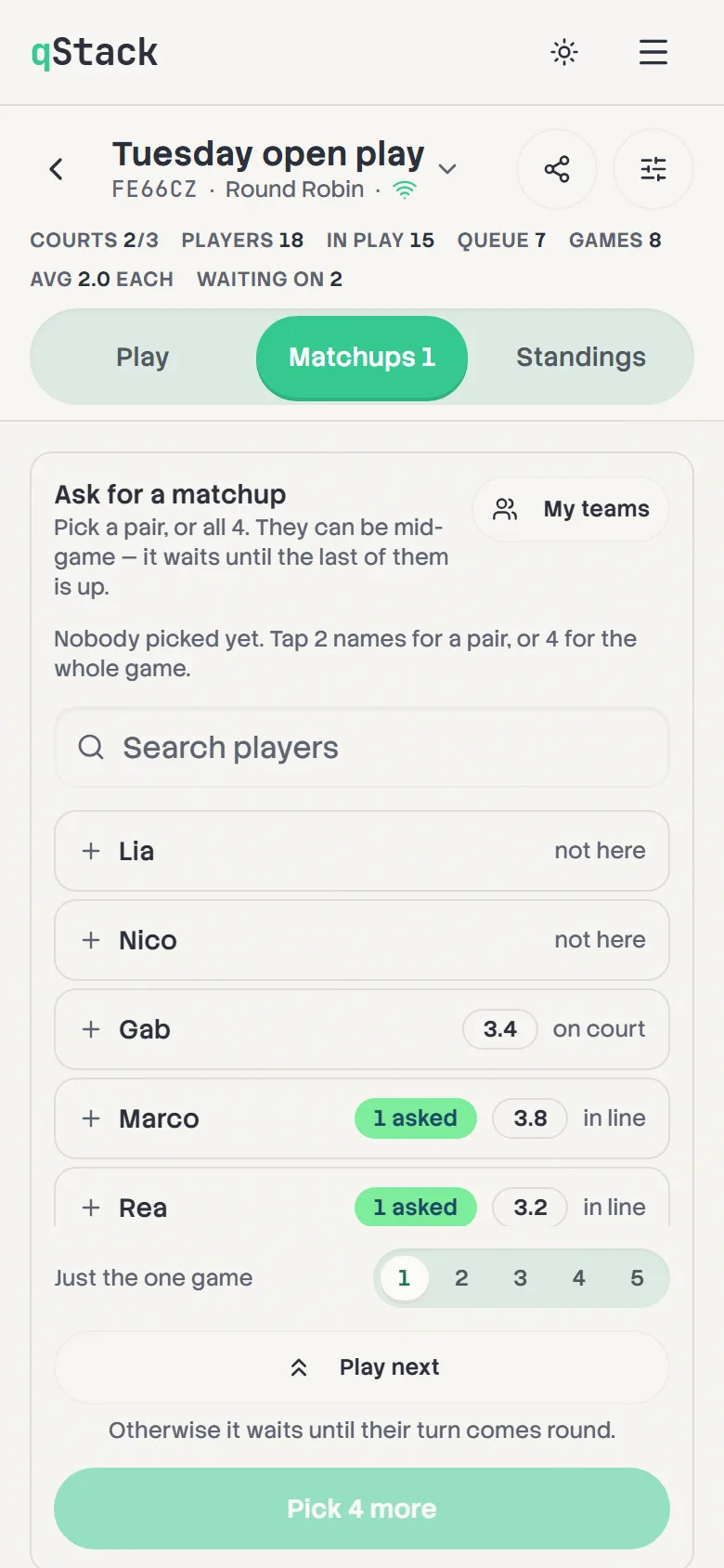 The Matchups tab: Ask for a matchup with a player search, When it plays, and Play next.