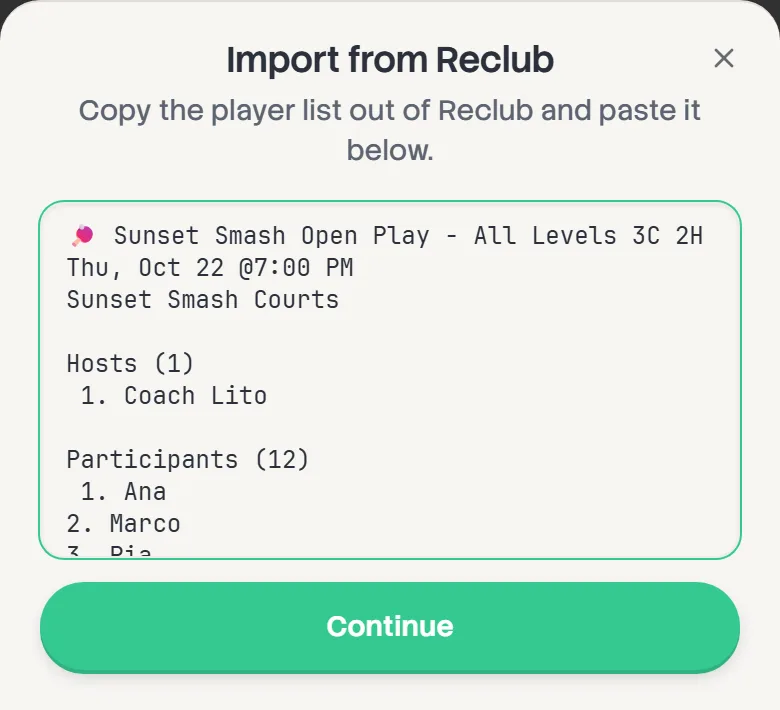 The Import from Reclub sheet with a Reclub event pasted in: its heading, the host, and the participants.