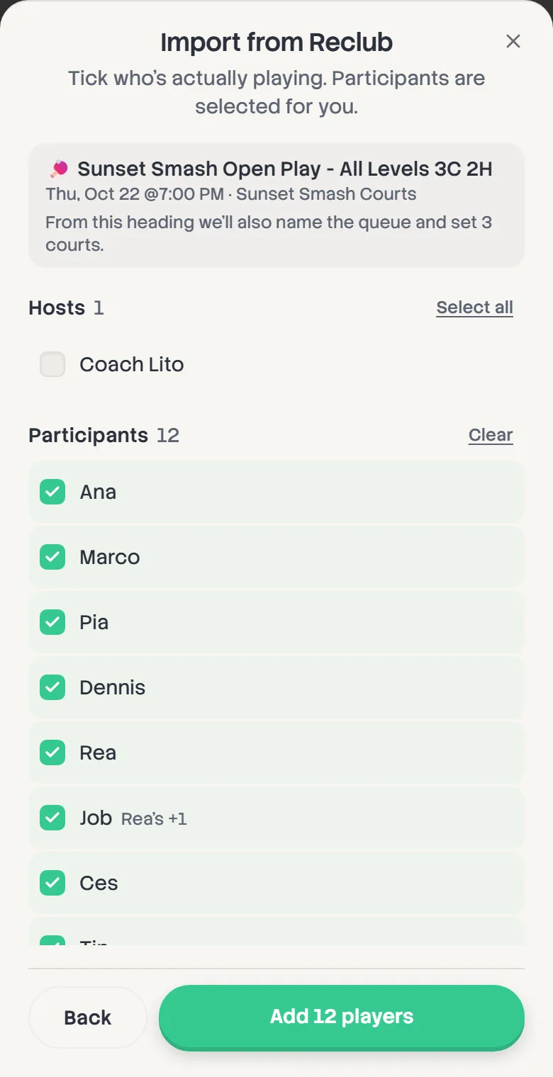 The Import from Reclub review: the event heading, Coach Lito unticked under Hosts, and twelve Participants ticked, with an Add 12 players button.