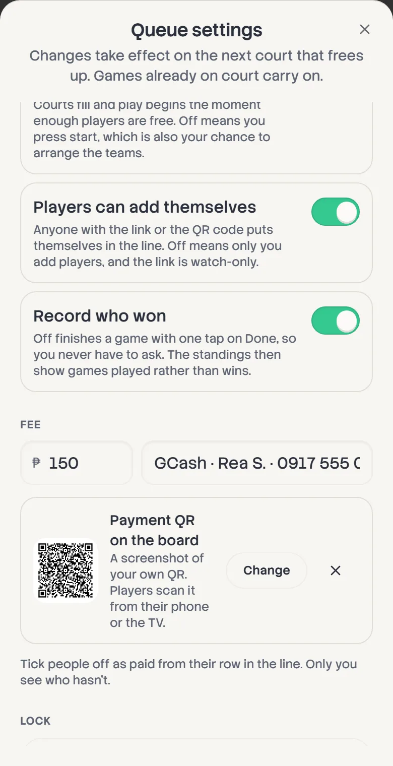 The Fee section of Queue settings: 150 pesos, GCash details, and the payment QR on the board with Change and remove buttons.