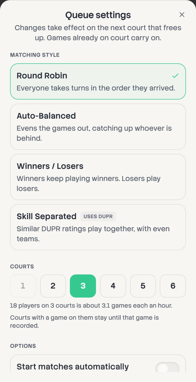 Queue settings: the four matching styles with Round Robin selected, and the courts and pace below.