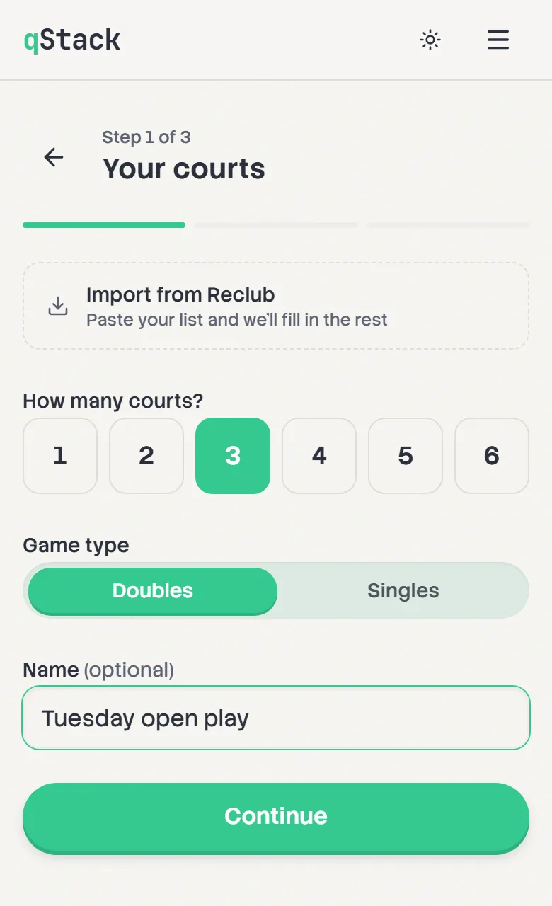 Step 1 of 3, Your courts: 3 courts selected, Doubles, and the name Tuesday open play.