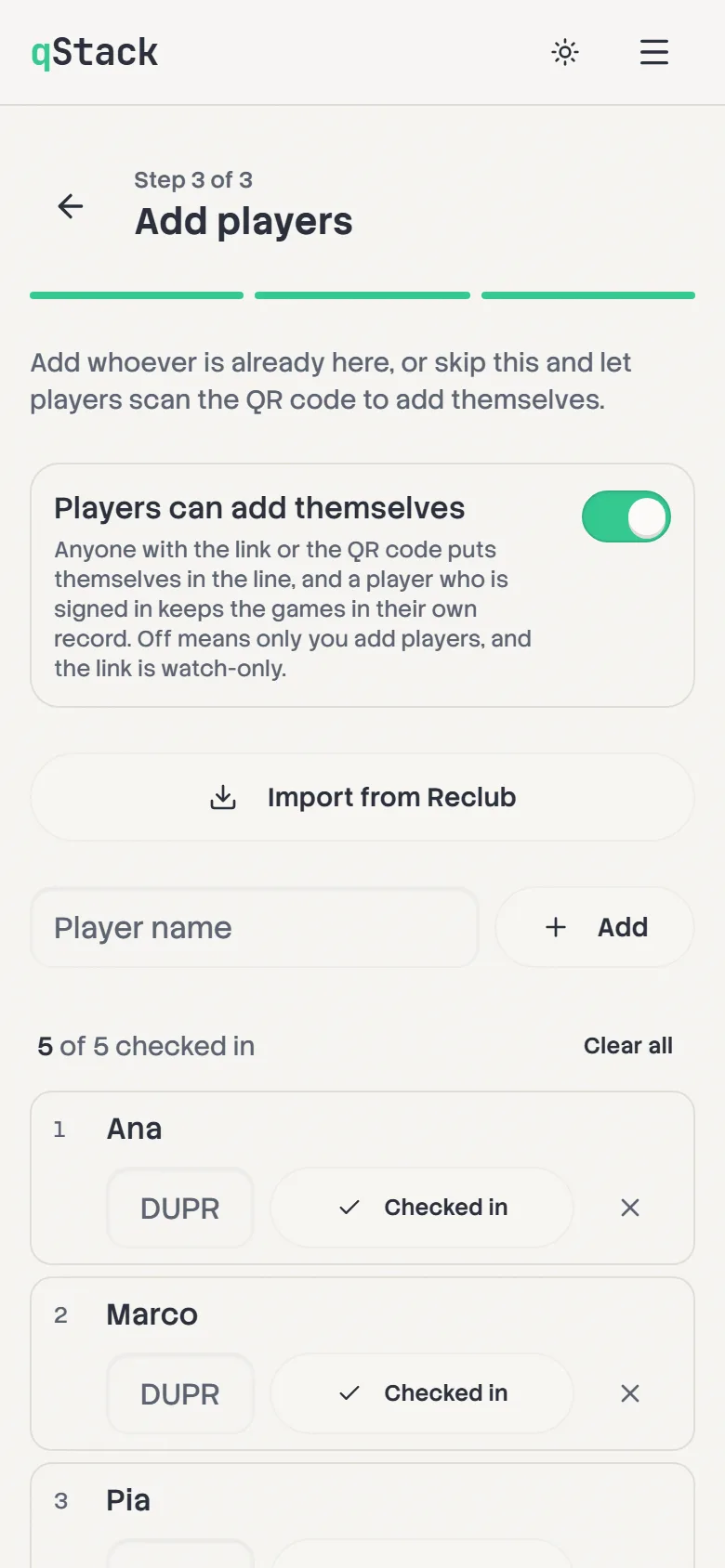 Step 3 of 3, Add players: Players can add themselves switched on, and Ana and Marco added and checked in.