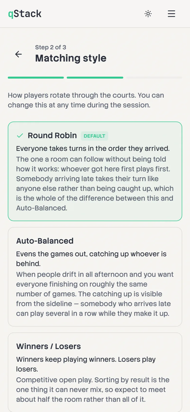 Step 2 of 3, Matching style: Round Robin selected as the default, with Auto-Balanced and Winners / Losers below.
