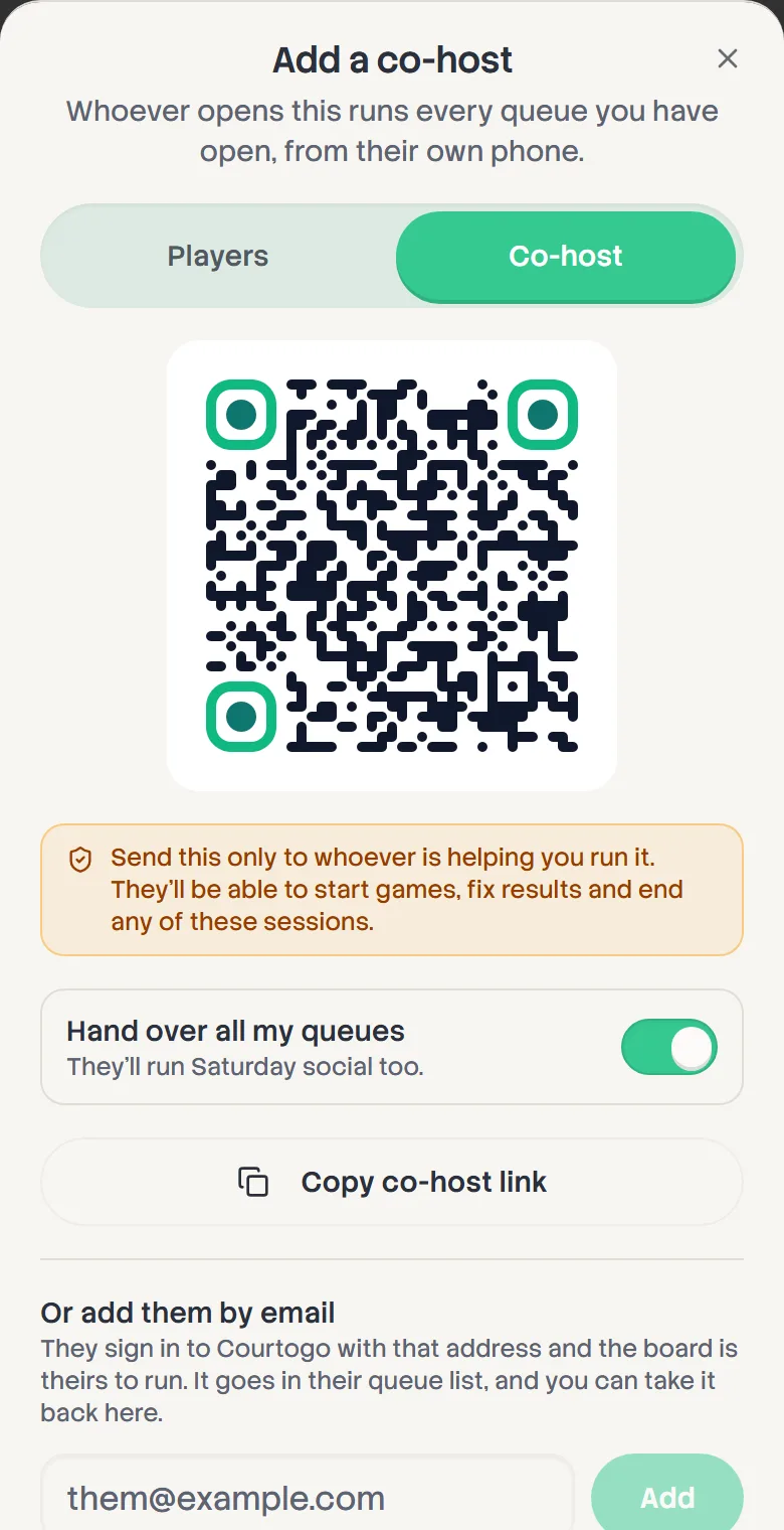 The Add a co-host sheet: a QR code, a warning to send it only to your helper, Hand over all my queues, and Or add them by email.