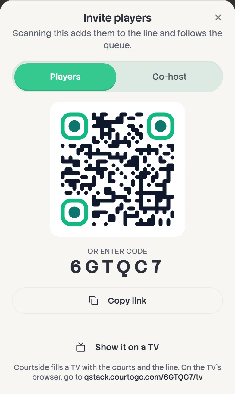 The Invite players sheet: a QR code, the board's six-character code, and a Copy link button.