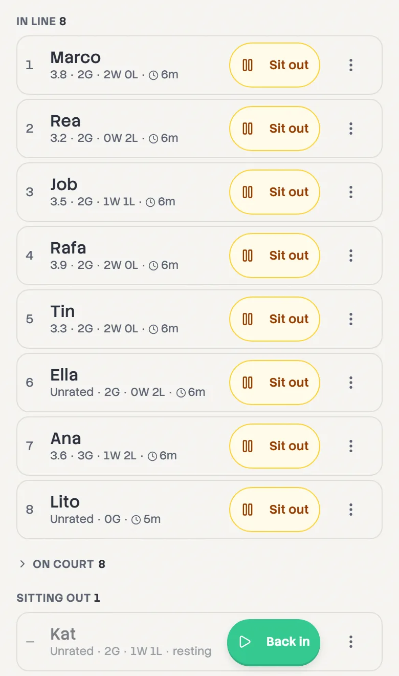 The line: eight players in order, each with a Sit out button, and Kat under Sitting out with a Back in button.
