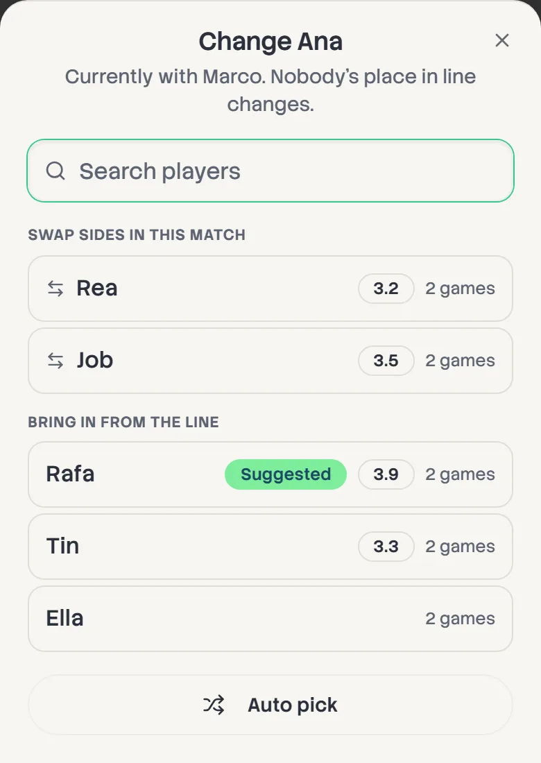 The Change Ana sheet: swap sides with Rea or Job, or bring in Rafa (suggested), Tin or Ella from the line.