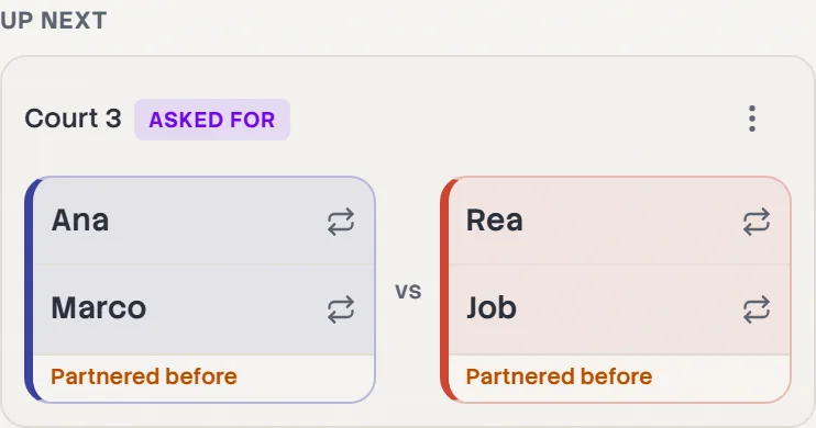An Up next group for Court 3, marked Asked for: Ana and Marco against Rea and Job.